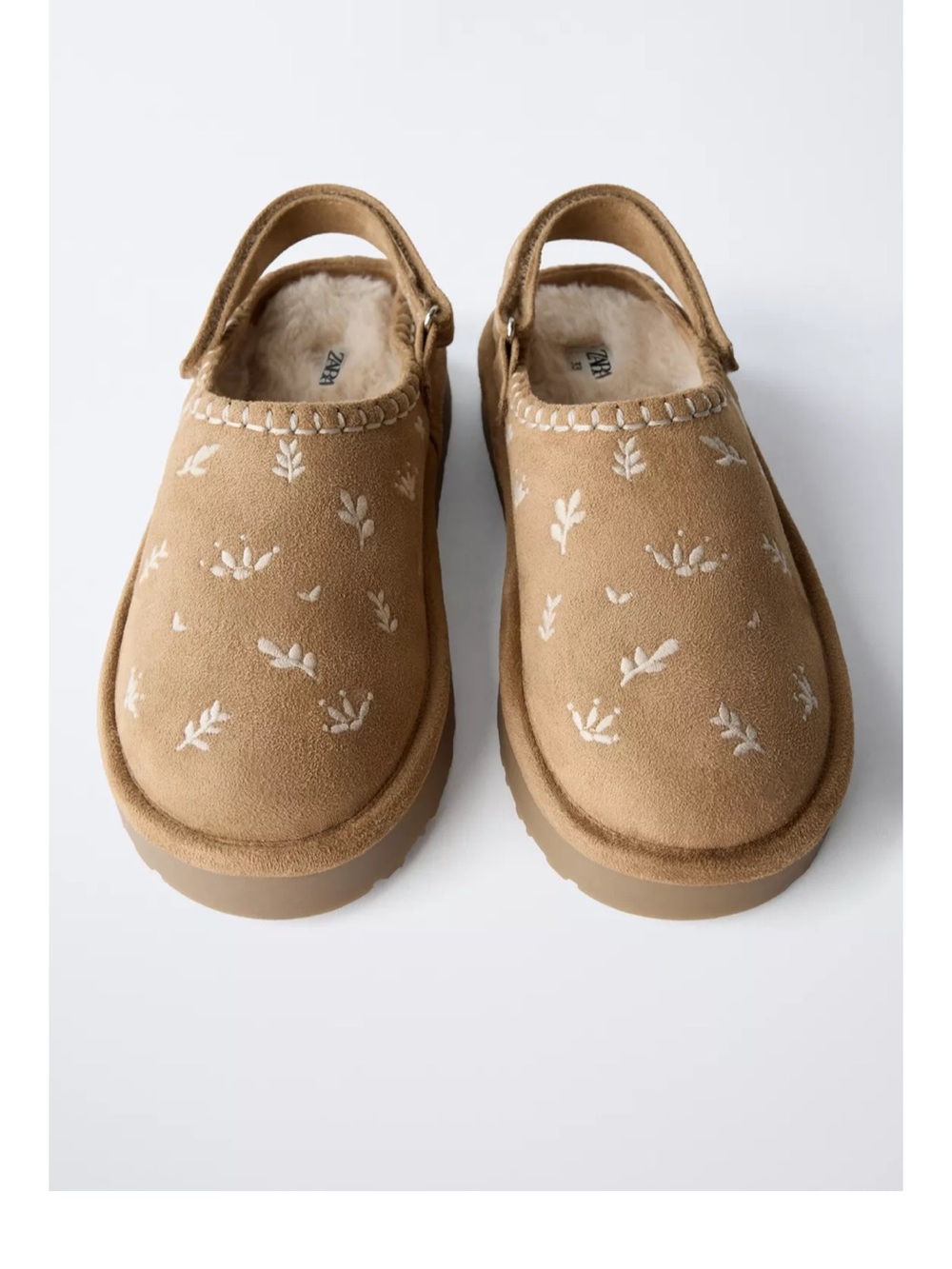 Tan Faux-Suede Slip-On Clog with Embroidered Detail.